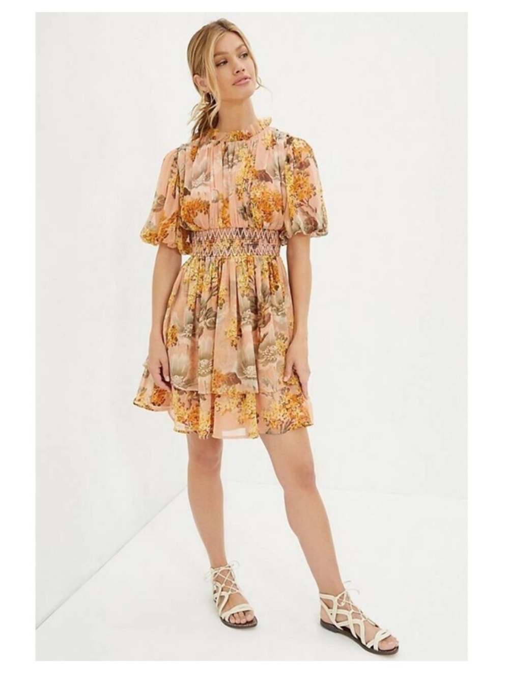 Anthropologie Not So Serious Amaranth Puff Sleeve Floral Tiered Mini Dress S - Picture 11 of 11
